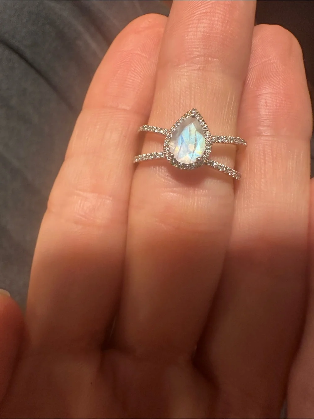 14kt Yellow Gold Double-Band Teardrop Moonstone Ring with Diamond Halo